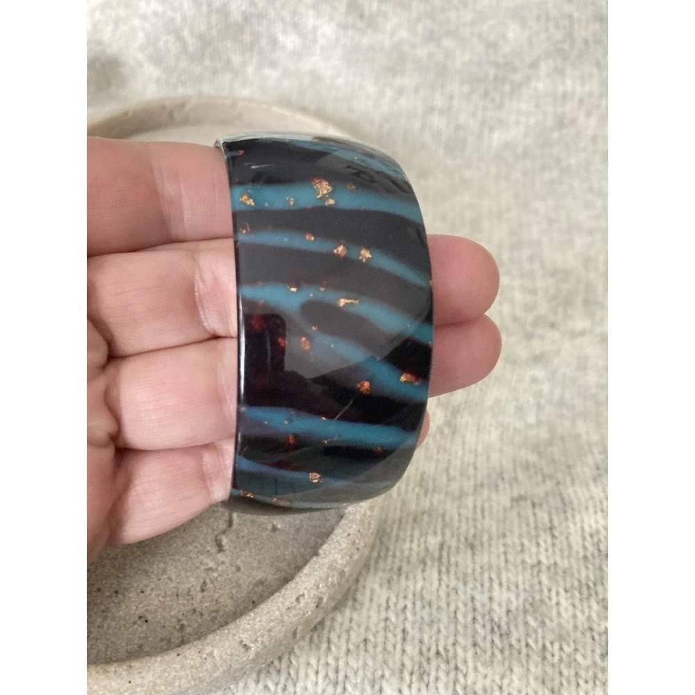 Wide Acrylic Bangle Bracelet Black Turquoise Colored Zebra Stripe‎ 80's Style